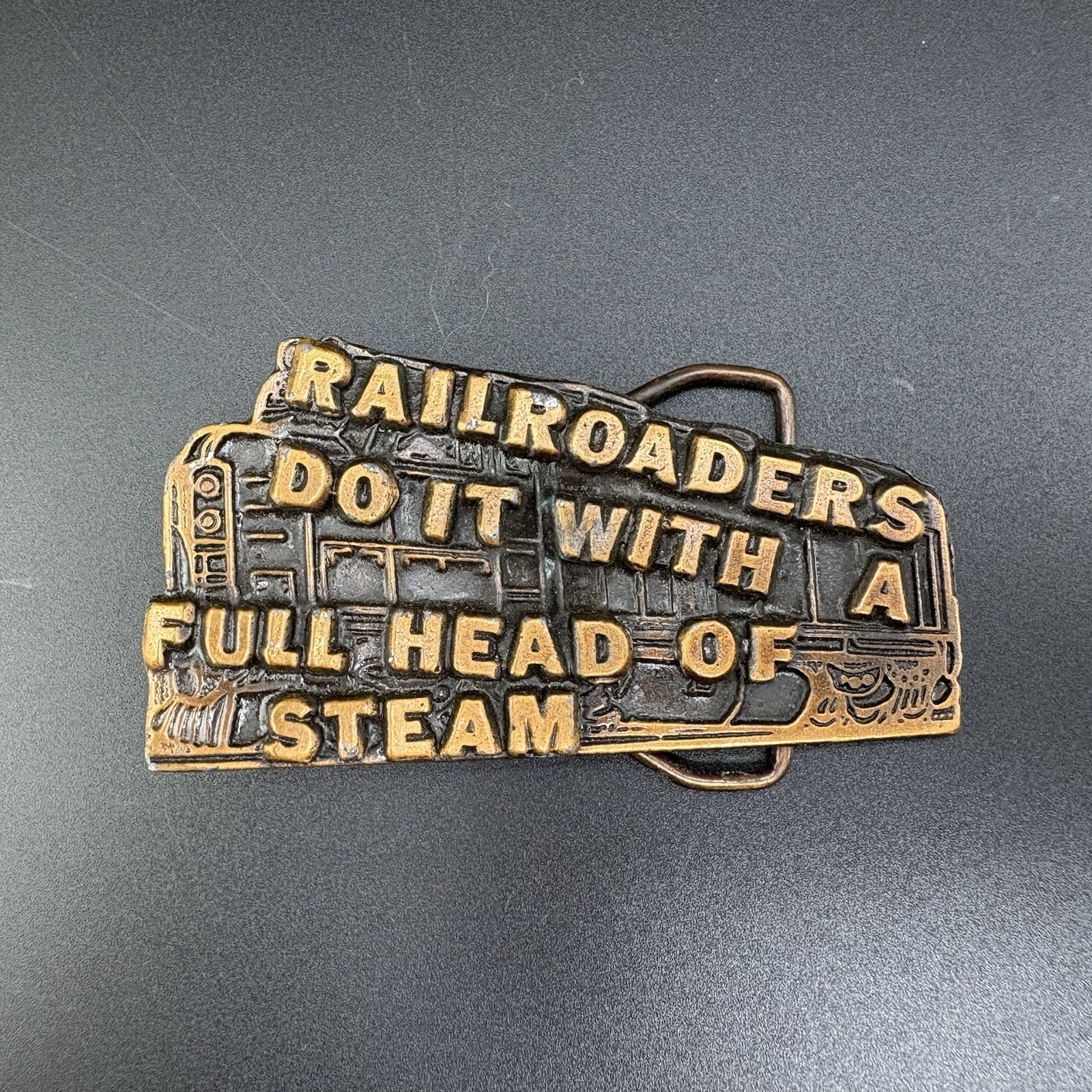 Vtg Solid Brass Locomotive Train Belt Buckle Novelty Funny Railroad Gold-tone