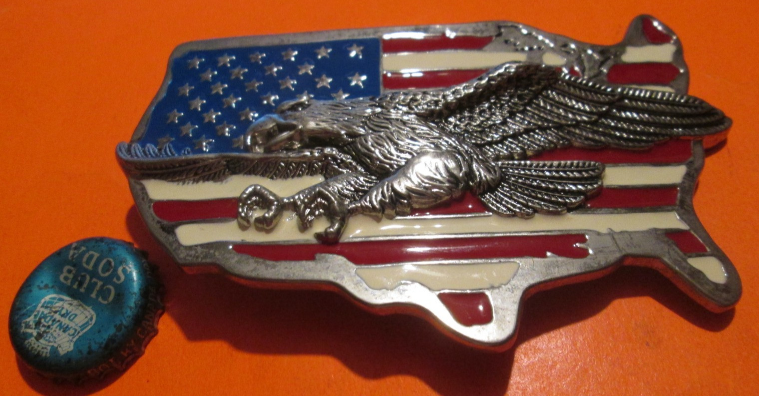 Pewter Belt Buckle Patriotic US Flag Map and Eagle