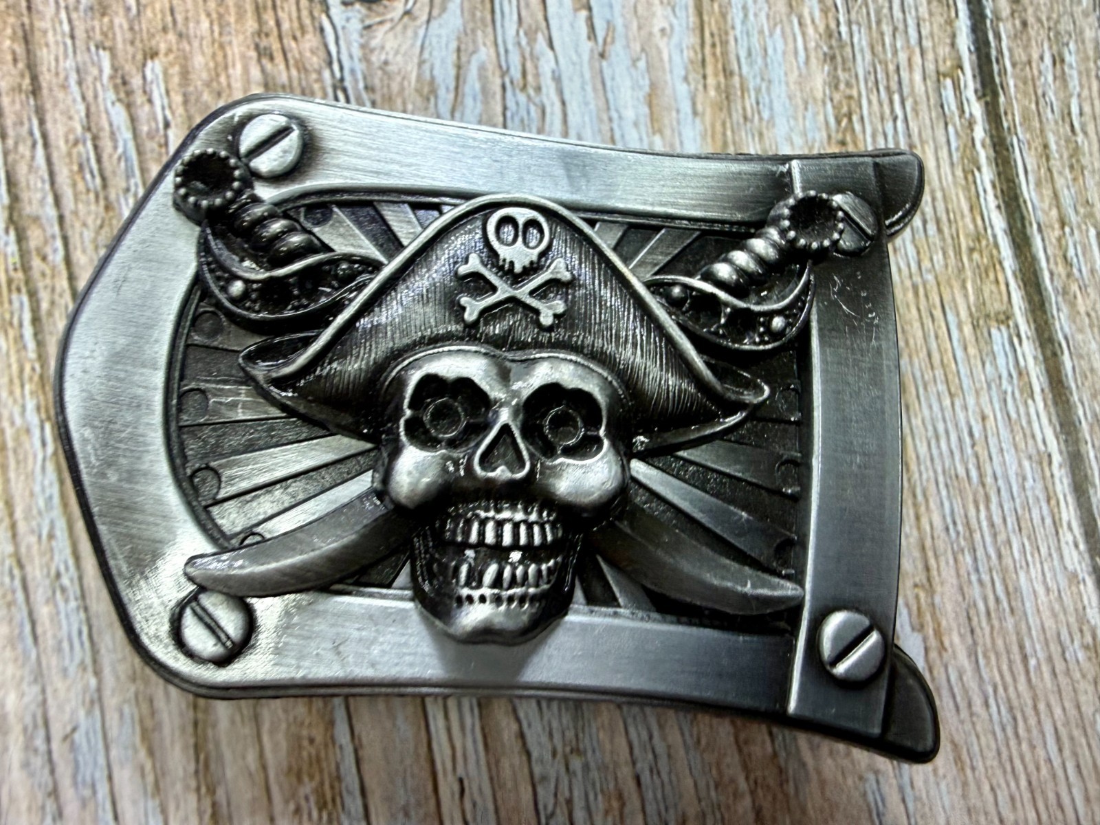 Pirate Skull Crossbones with Crossed Swords 3D Raised Silver Tone Belt Buckle