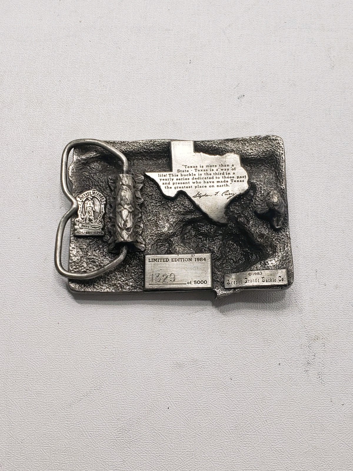 1984 Texas Commemorative Belt Buckle Limited Edition #1326/5000 Pewter Tone