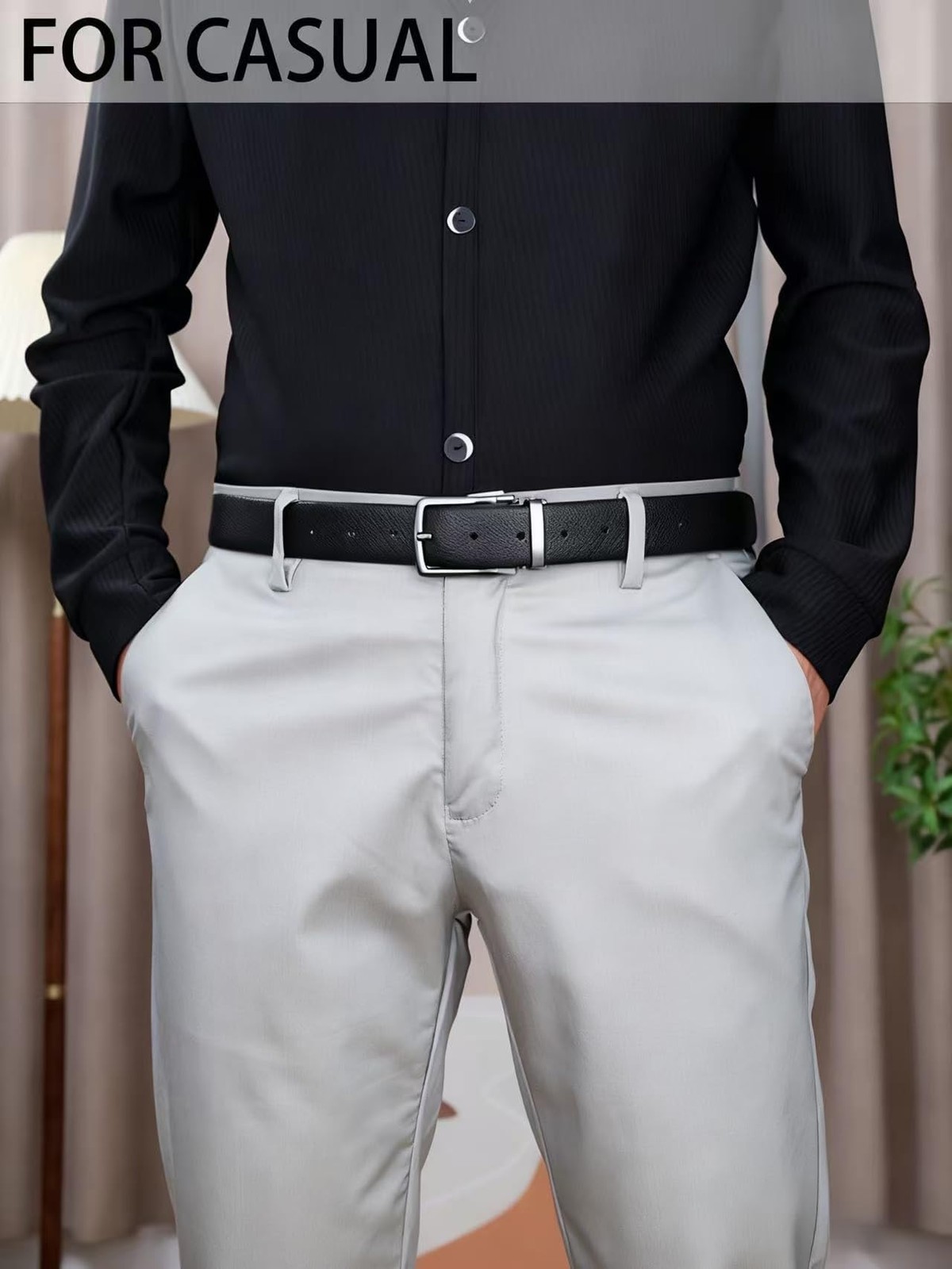 Men&rsquo;s Genuine Leather Dress Belt, 32&Prime;-34&Prime; Waist Adjustable, Silver-black068
