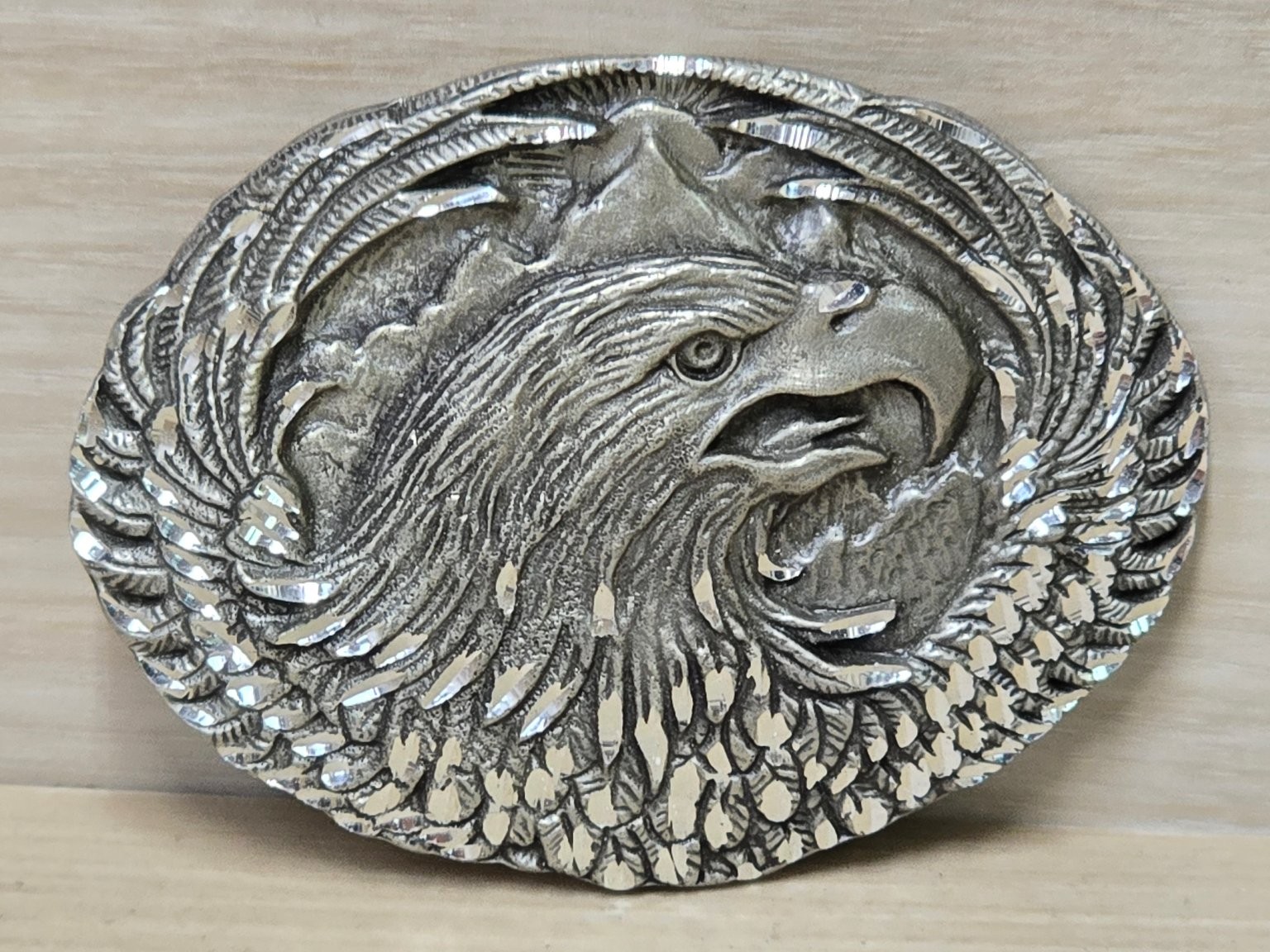 Vintage E&J Belt Buckle Silver Tone 3.25&Prime; Engraved Eagle Wildlife Western