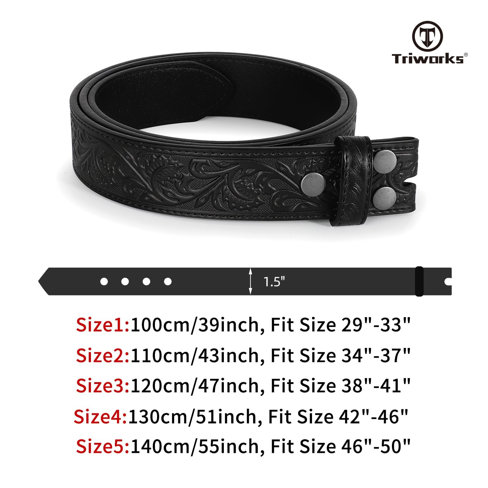 TRIWORKS Western Belt Strap for Men without Buckle Fit Size 34&Prime;-37&Prime;, A-black