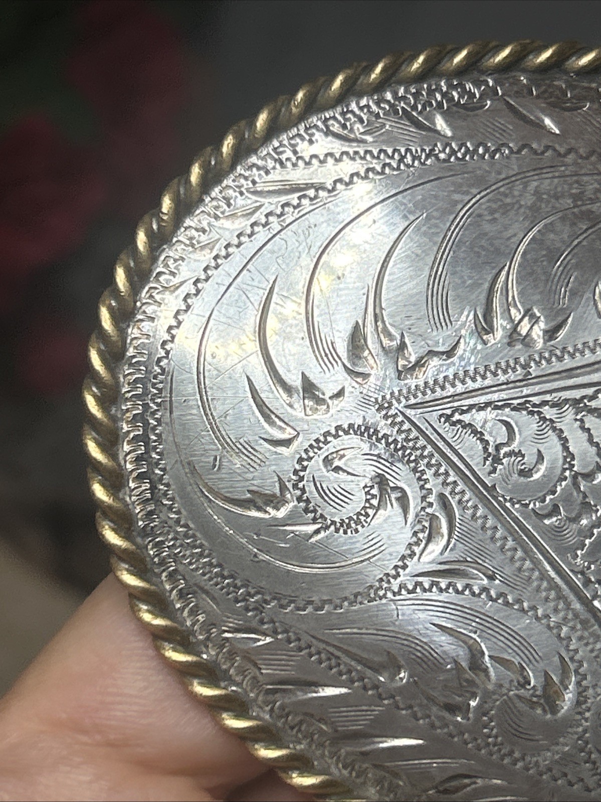 57. Vintage 925 Hand Engraved STAR Swirl Brass Rope Framed Oval Buckle 50.4g
