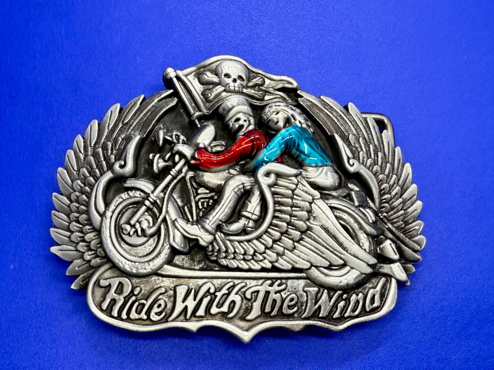 Ride With The Wind Wings Skull Flag Motorcycle Bikers Riders Cutout Belt Buckle