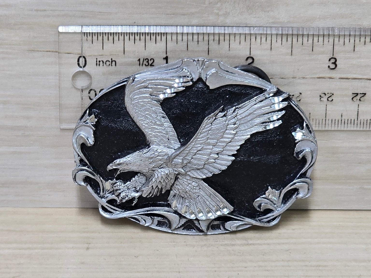 Vintage Men&rsquo;s Silver Black 3&Prime; 3D Eagle Diamond Cut Belt Buckle Metal Alloy USA