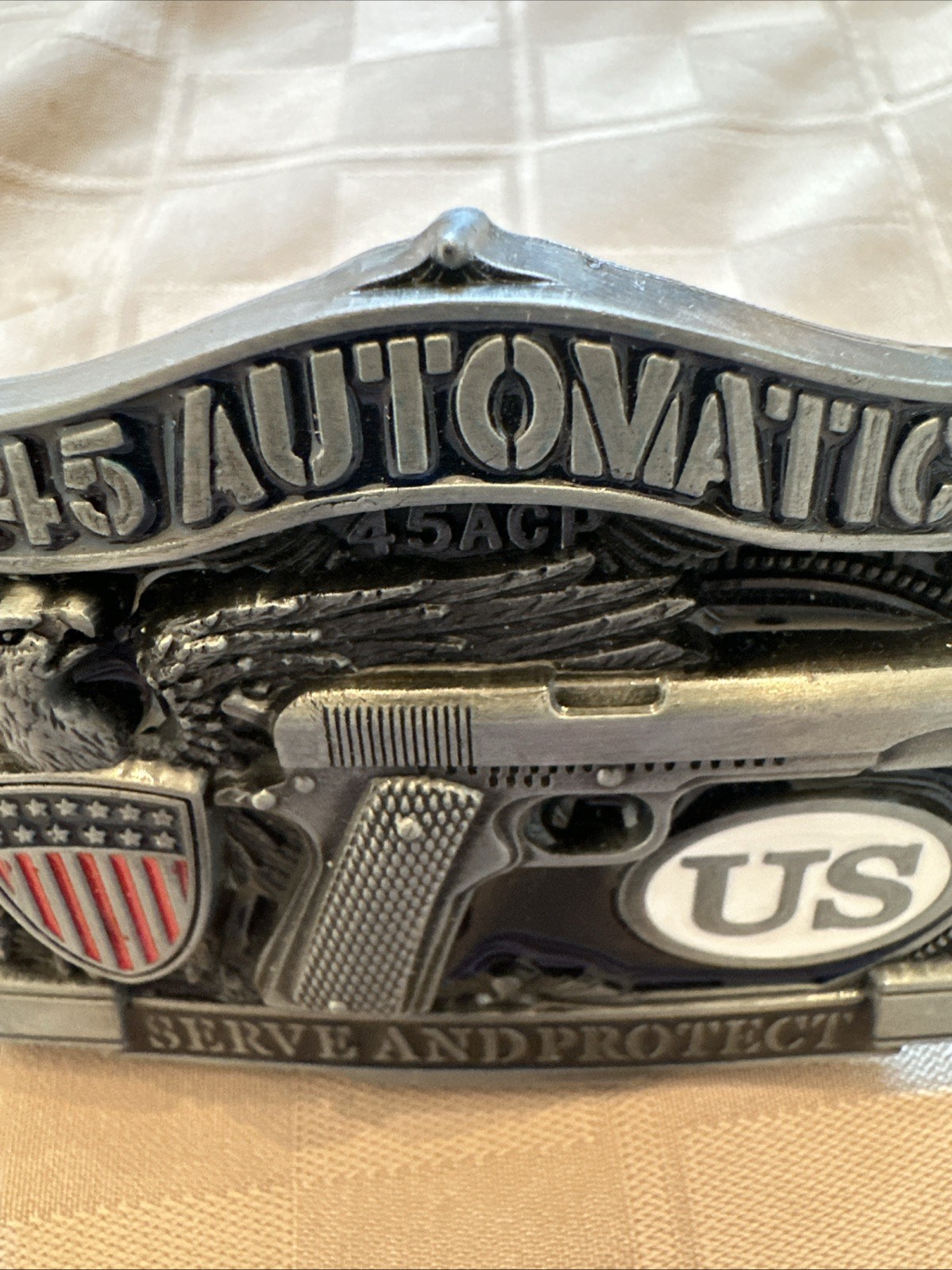 Metal Belt Buckle .45 Automatic Eagle US Shield Serve Protect 3D Silver Tone