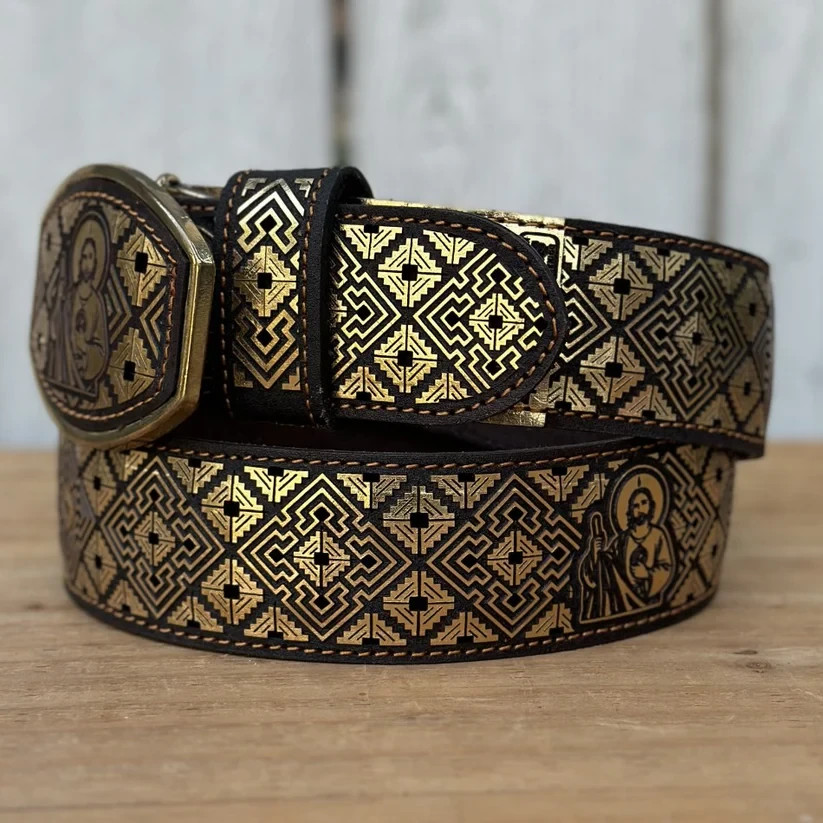 Genuine Laser Cut Leather San Judas Western Belt with Removable Buckle – Gold