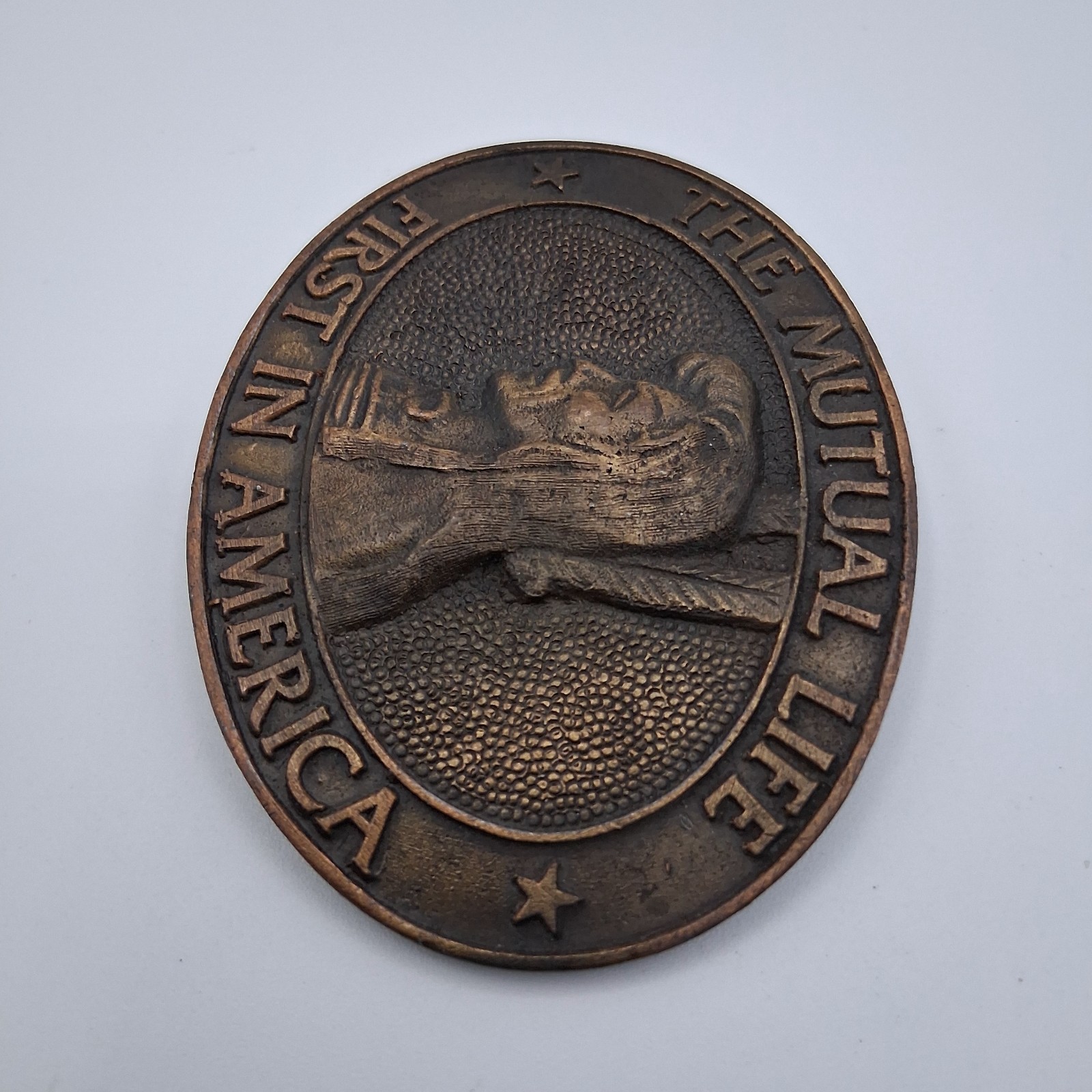 Vintage The Mutual Life First in America Insurance Advertising Metal Belt Buckle