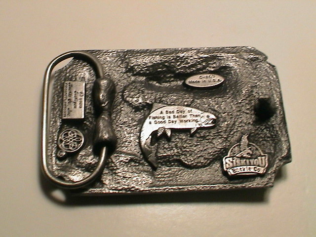 TROUT FISH 3D LOOK W/ FLY FISHING ROD & REEL NET CREEL BASKET METAL BELT BUCKLE!