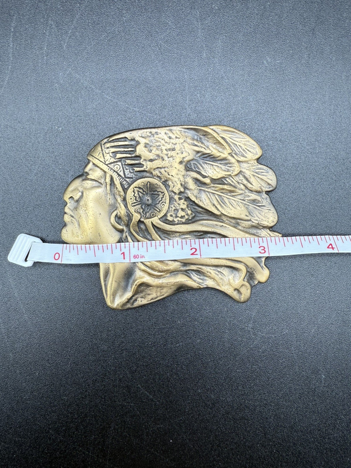 Vintage Native American Indian Chief Brass Tone Belt Buckle