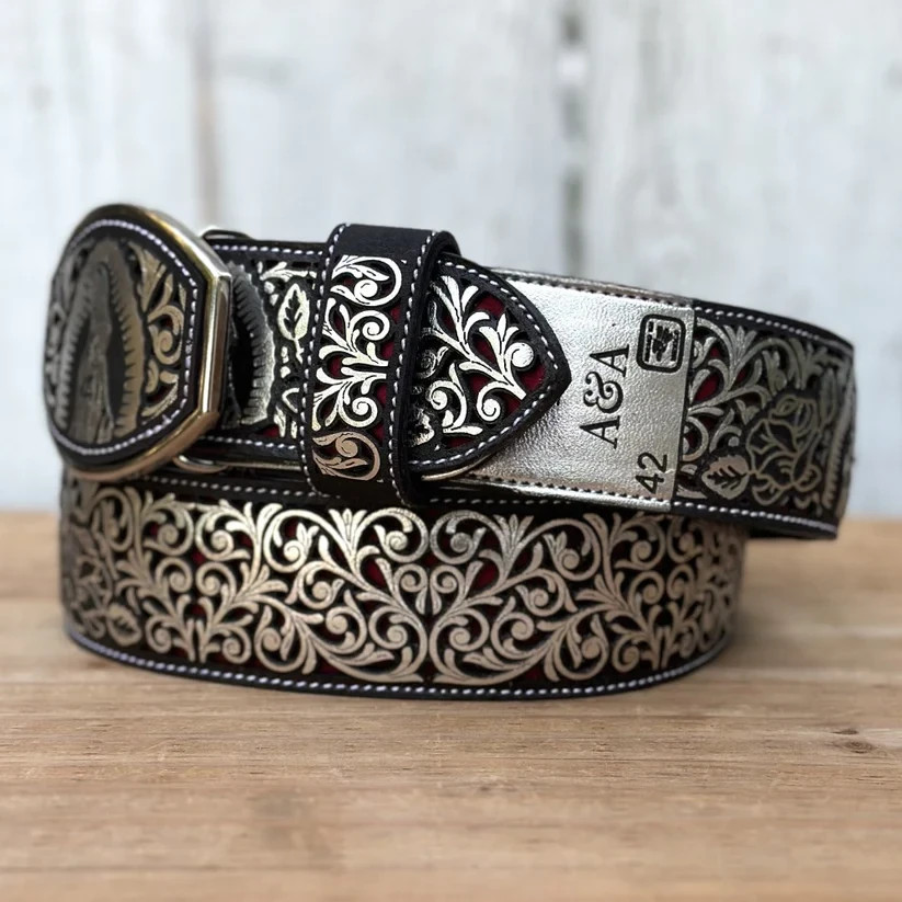 Genuine Laser Cut Leather Virgen Western Belt with Removable Buckle – Silver