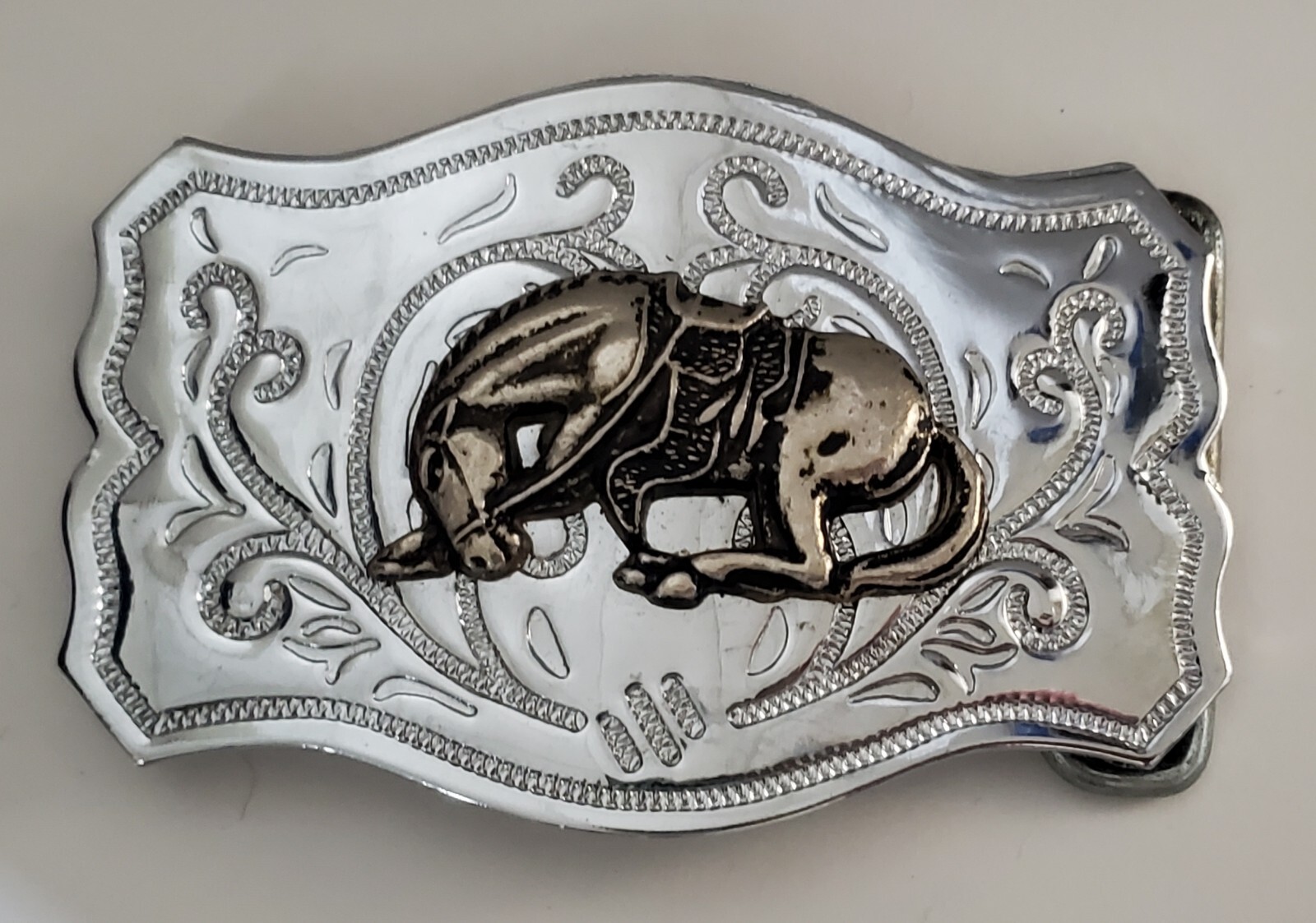 Vintage Chrome Belt Buckle with Applied Bronze Bucking Bronco Horse Clean READ