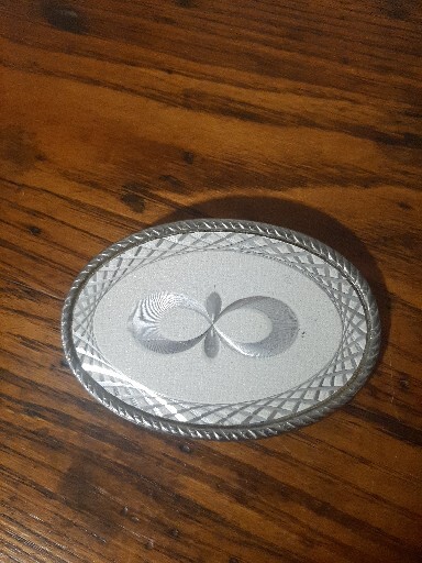 Belt Buckle Silver Metal with White Design Good Condition