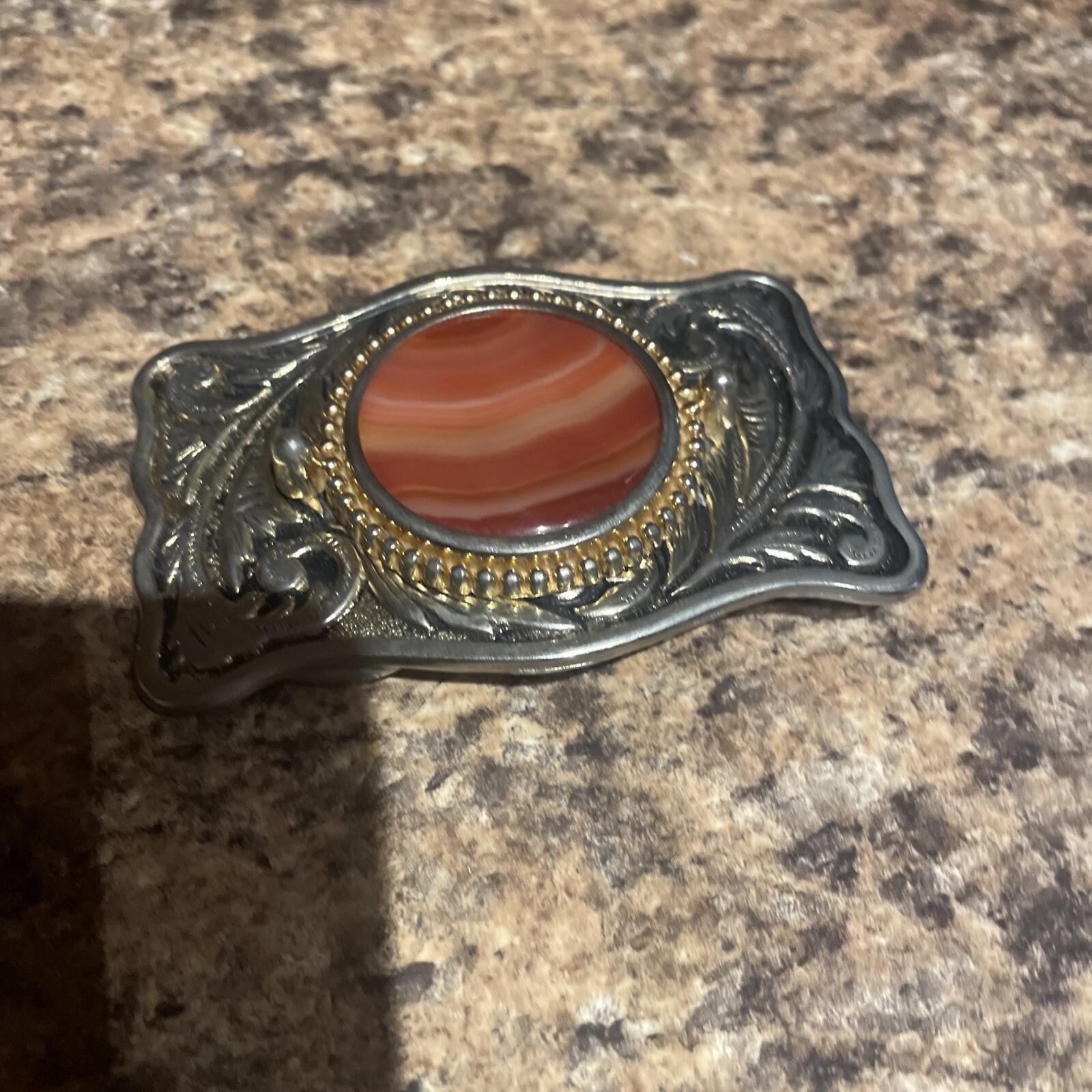 Western Belt Buckle Wood Cabochon Goldtone Metal Black Background Leaf 3.5 X 2.5