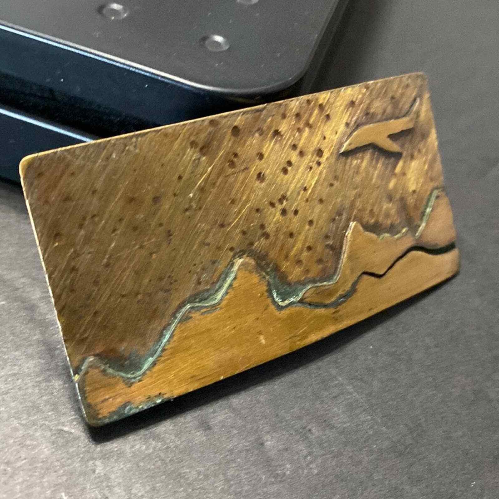 Vintage Handcrafted Artisan Brass Airline Airplane Mountains Tooled Belt Buckle
