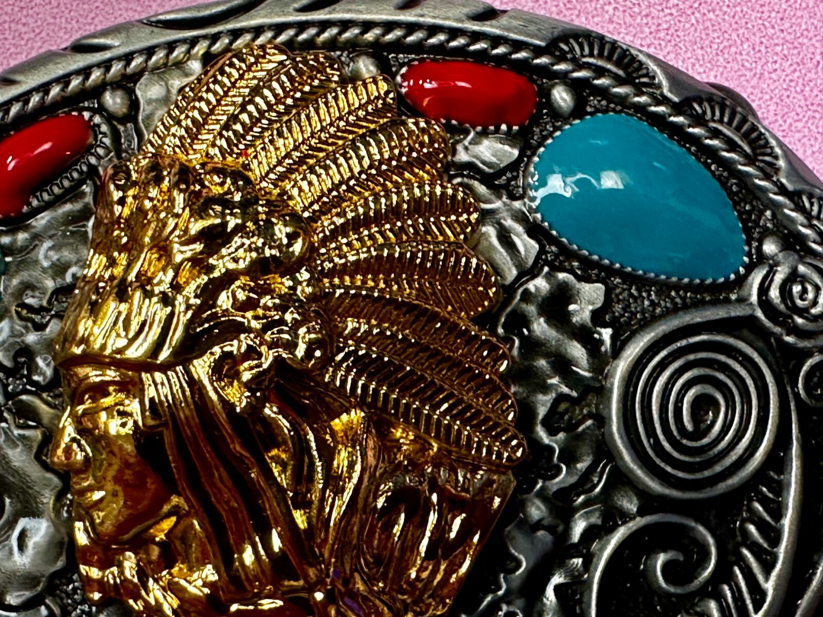 Native American Indian Chief in Head Dress Faux Turquoise & Coral Belt Buckle