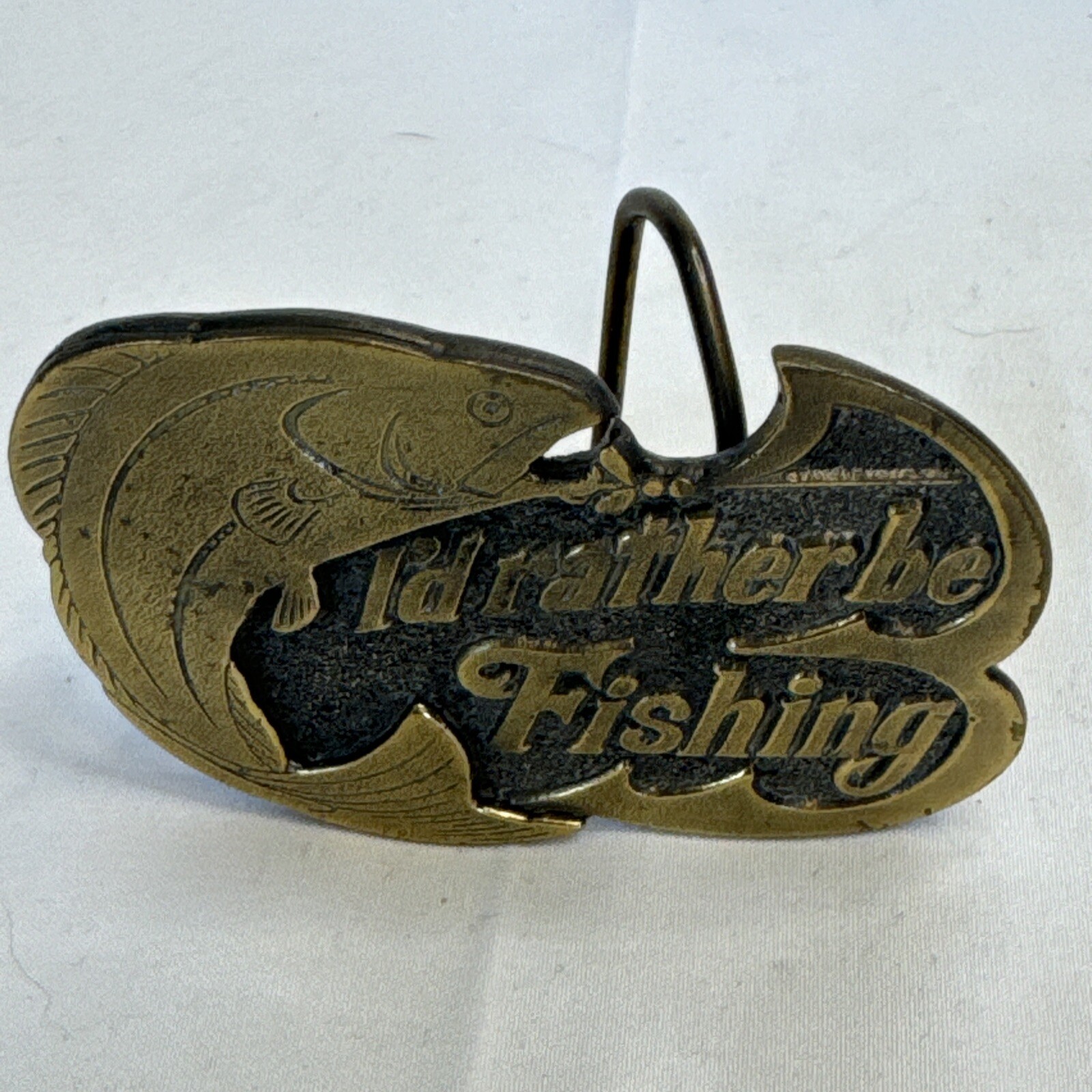 WOW Vintage 1978 I&rsquo;d Rather Be Fishing Trout Salmon Fisherman Belt Buckle RARE
