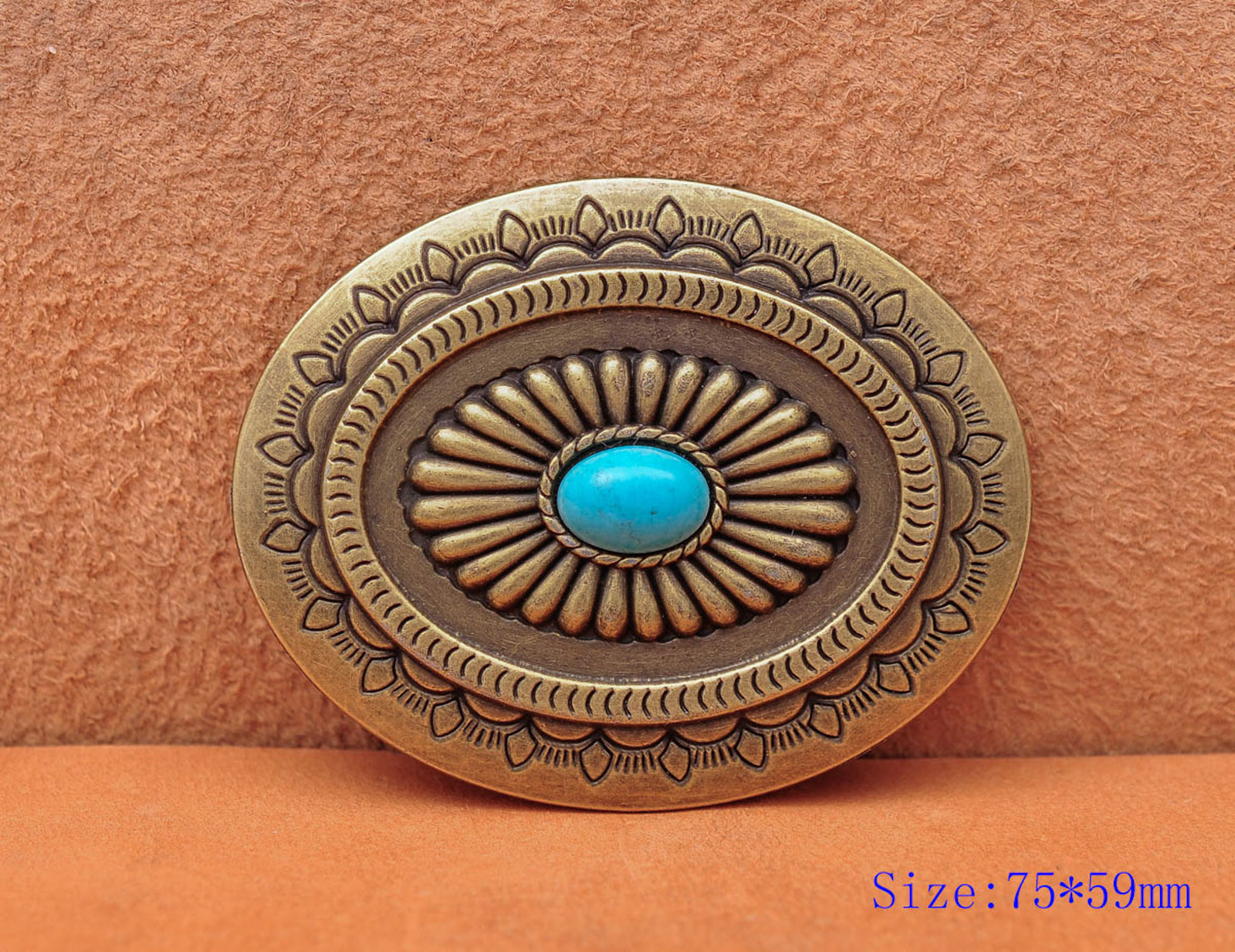 Vintage Brass Southeast Indian Tribal Flower Turquoise Leather Belt Buckle Huge