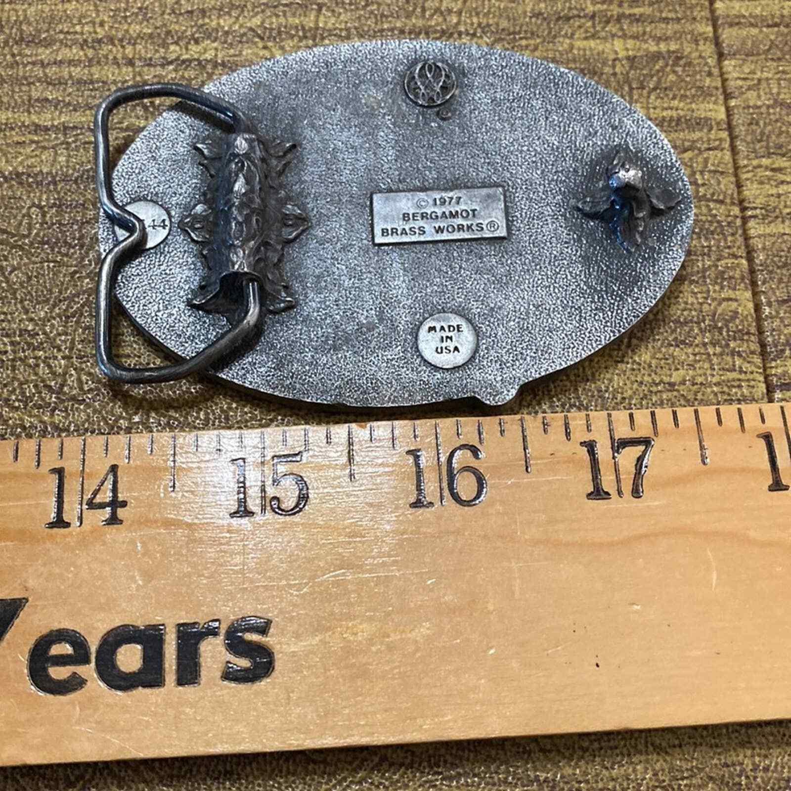 Vintage 1977 3D top water jumping Bass Pewter Gray Bergamot X-144 Belt Buckle