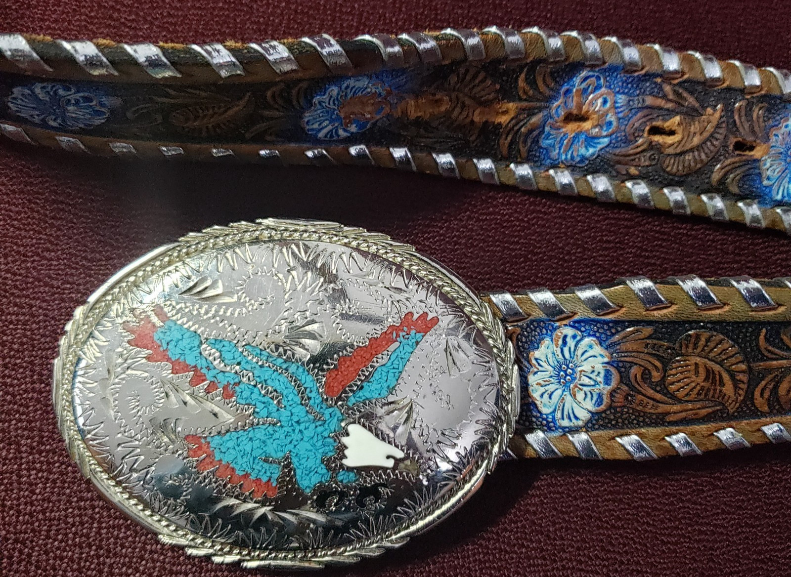 Silver Toned Metal Eagle Belt Buckle Leather Hand Tooled Belt Cowboy Rodeo READ
