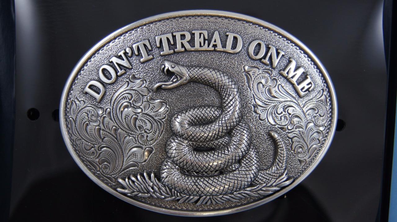 Nocona Western Belt Buckle DON&rsquo;T TREAD ON ME Snake Silver Tone 37109