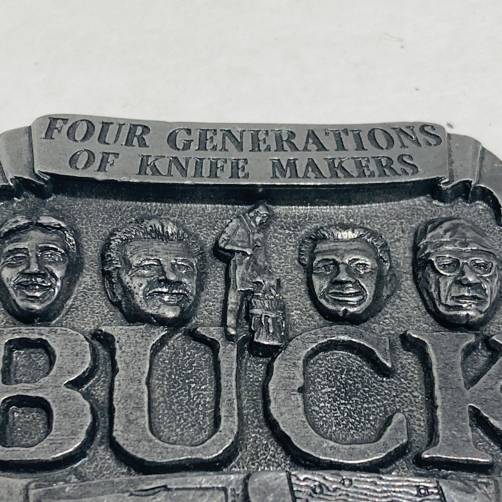 Vintage Pewter Embossed BUCK KNIVES Four Generations Knife Makers Belt Buckle
