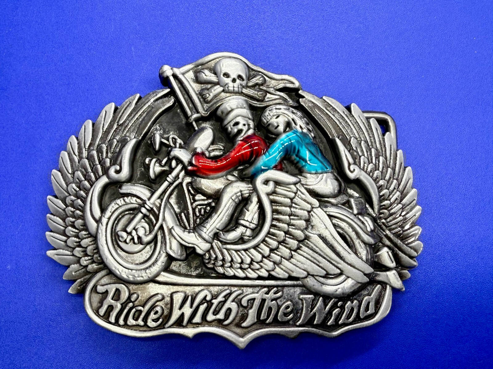 Ride With The Wind Wings Skull Flag Motorcycle Bikers Riders Cutout Belt Buckle