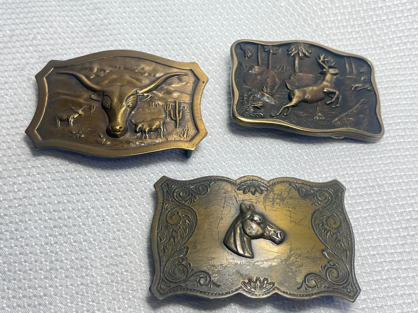 Vtg Outdoorsman Hunter Animal Themed Belt Buckle Lot Of 3 Deer Steer & Horse