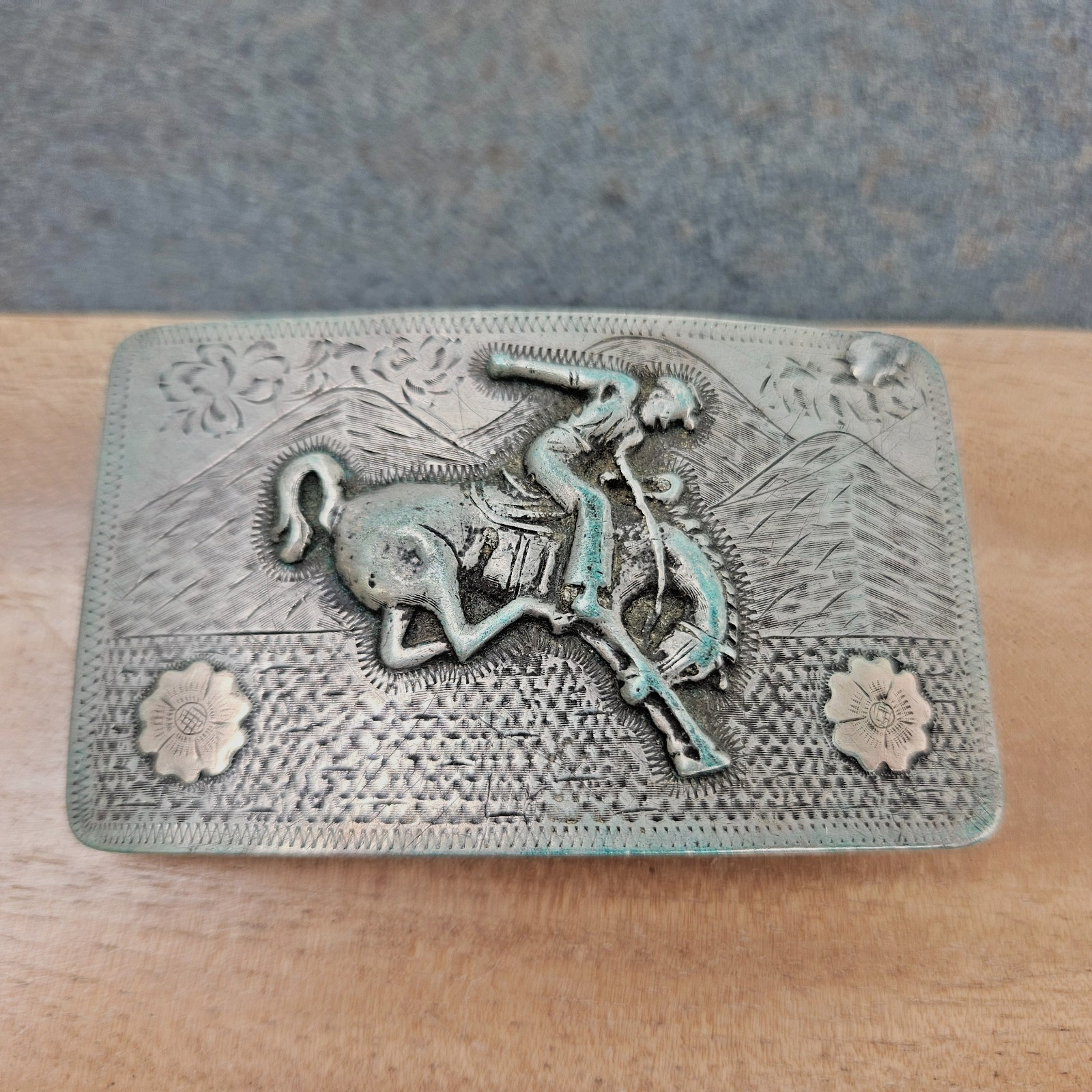 Vintage Sterling Silver 925 Mexico Cowboy Bronco Rider Western Large Belt Buckle