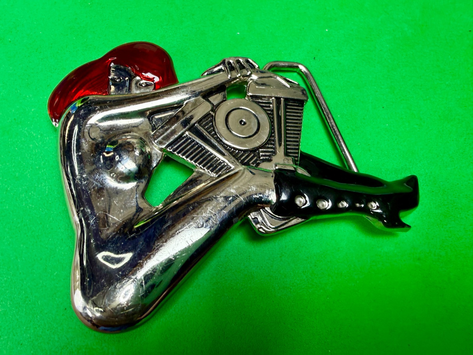 Woman Hugging V-Twin Engine with Red Enamel Hair Novelty Figural Belt Buckle