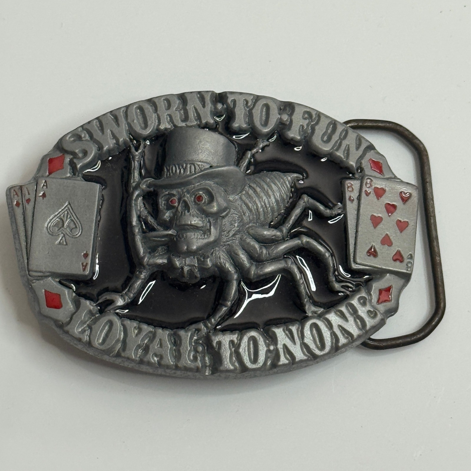 Skull Spider Belt Buckle Sworn to Fun Loyal to None Poker Cards Pewter 1995