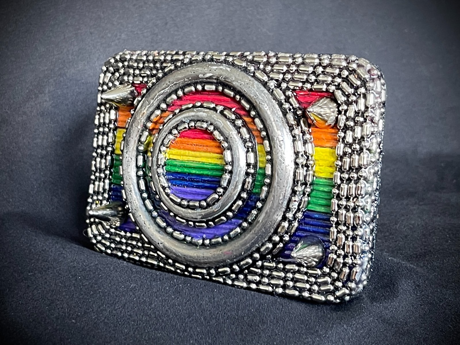 “Armor of Color” Pride Belt Buckle OOAK Rainbow Wood Inlay – Darren McNeese