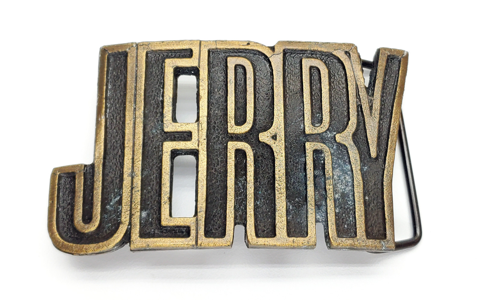Vintage 1970&rsquo;s Brass Belt Buckle – JERRY – Cut Name – w/ Original Packaging
