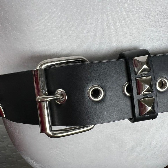 Unisex Black Faux Leather 3 Row Studded Belt Silver Tone Buckle Punk Goth Grunge