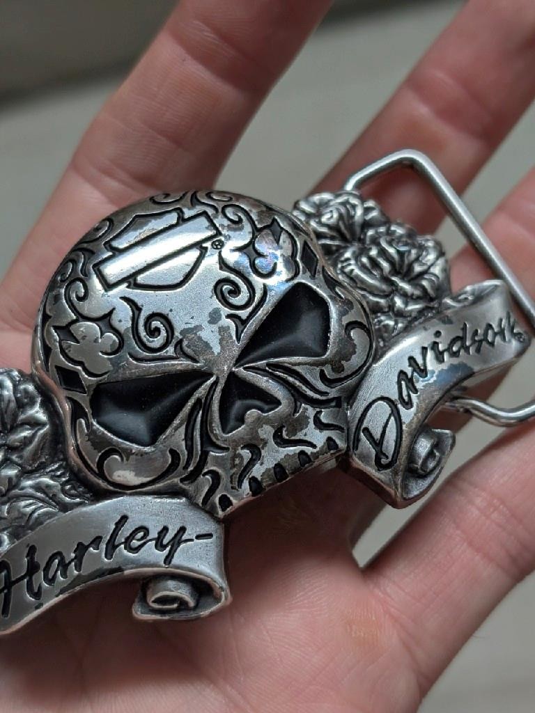 vintage Y2K belt buckle HARLEY DAVIDSON chrome metal SKULL motorcycle WESTERN