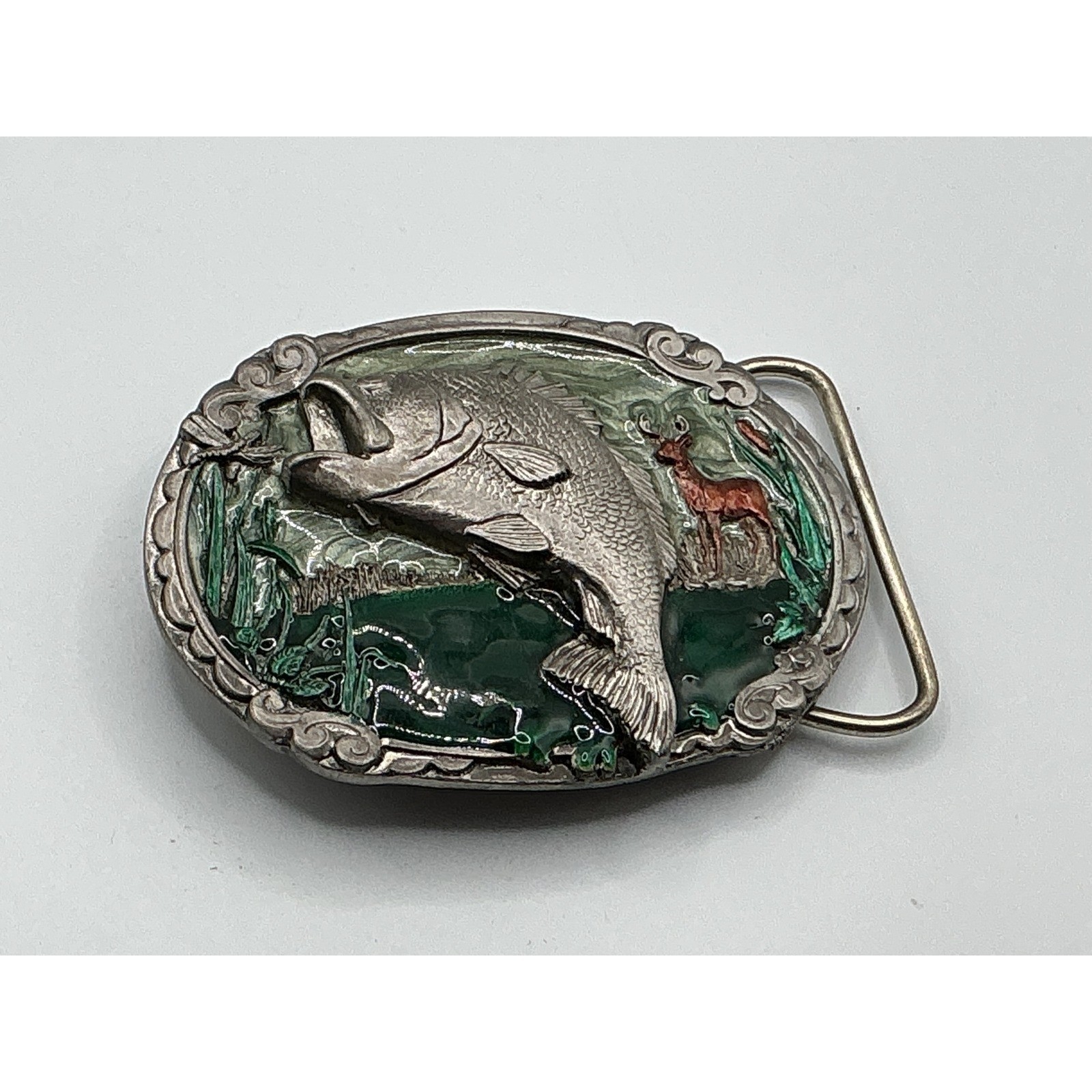 Vintage 1986 CJ Inc Largemouth Bass Deer Belt Buckle CJ 1038 Made in USA Enamel