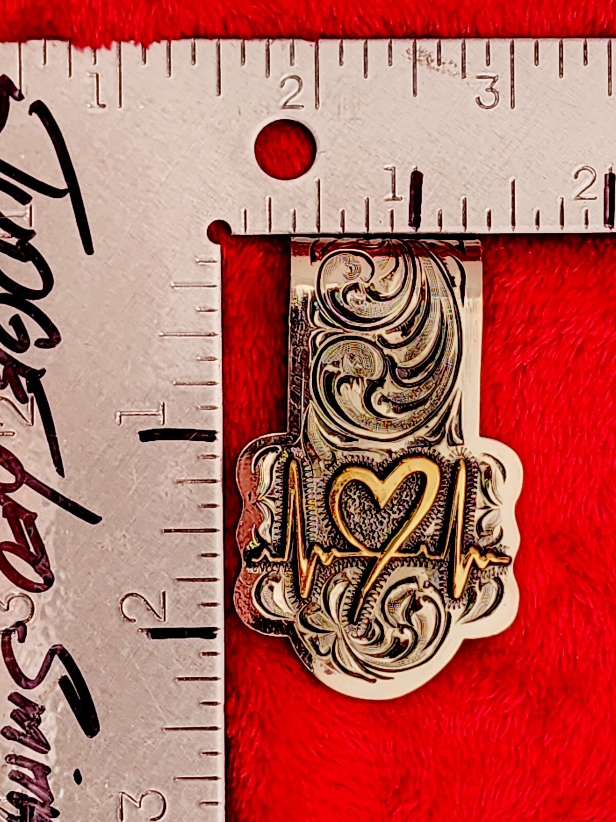 HEARTBEAT EMBLEM~HAND ENGRAVED MONEY CLIP $GERMAN SILVER & JEWLERS BRONZE