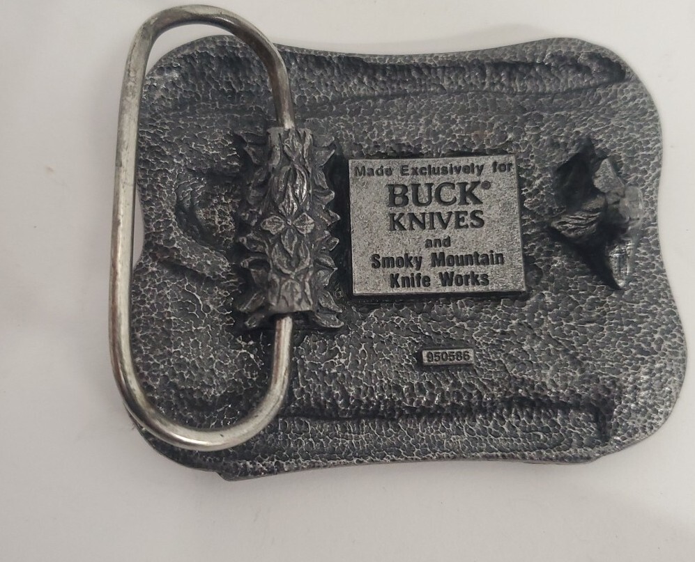 Vintage Pewter Embossed BUCK KNIVES Four Generations Knife Makers Belt Buckle