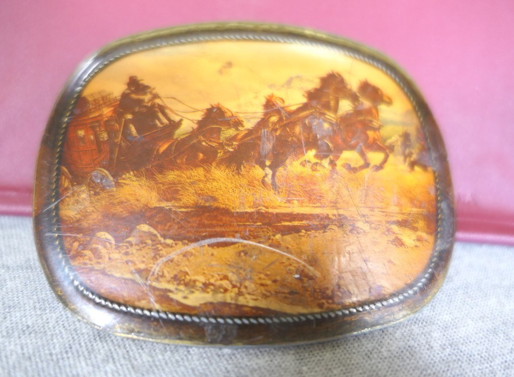 Vintage Brass & Enamel Pictorial Western Stagecoach Horses Belt Buckle 3.25&Prime; W