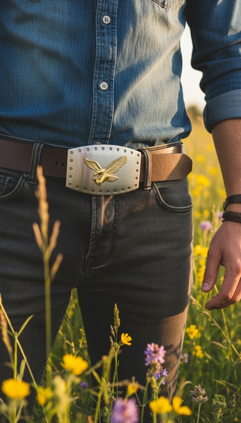 Men Western Silver Metal Buckle Square Gold Eagle Flying American Bird Accessory