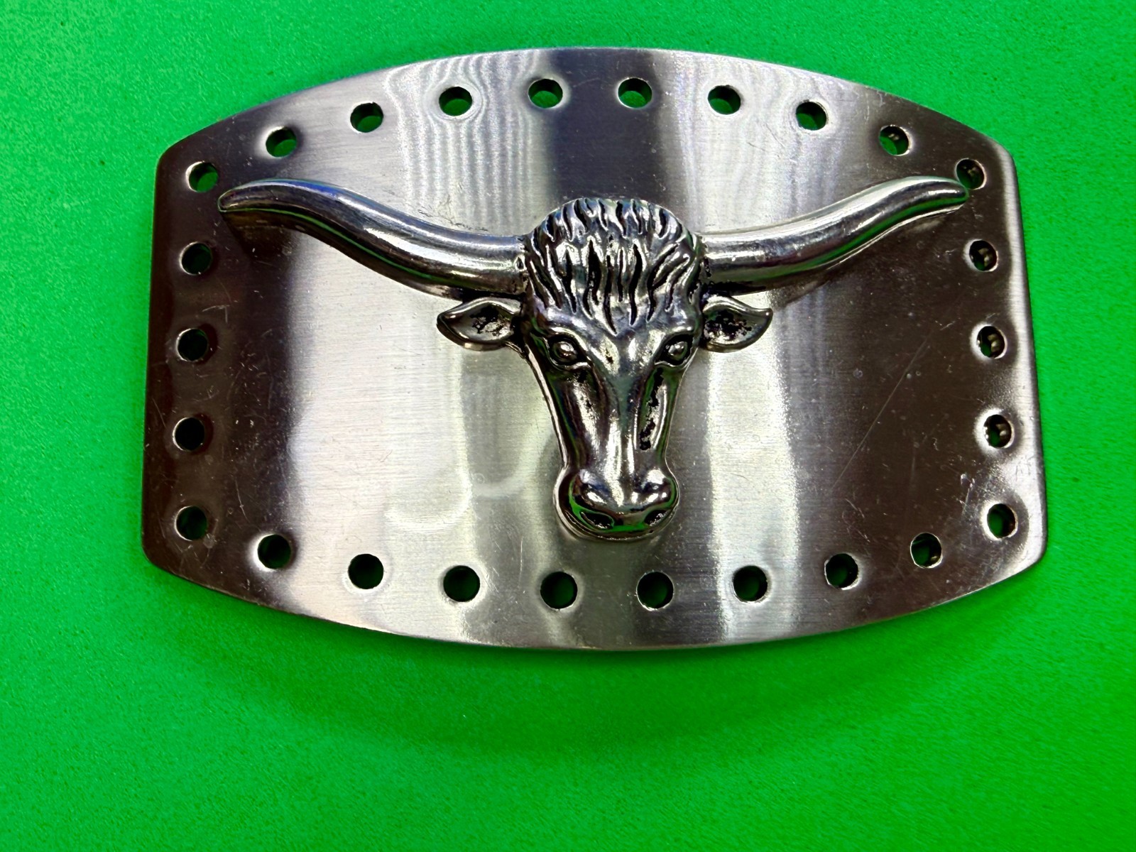 Longhorn Steer Skull Raised Silver Tone Large Belt Buckle With Hole Border