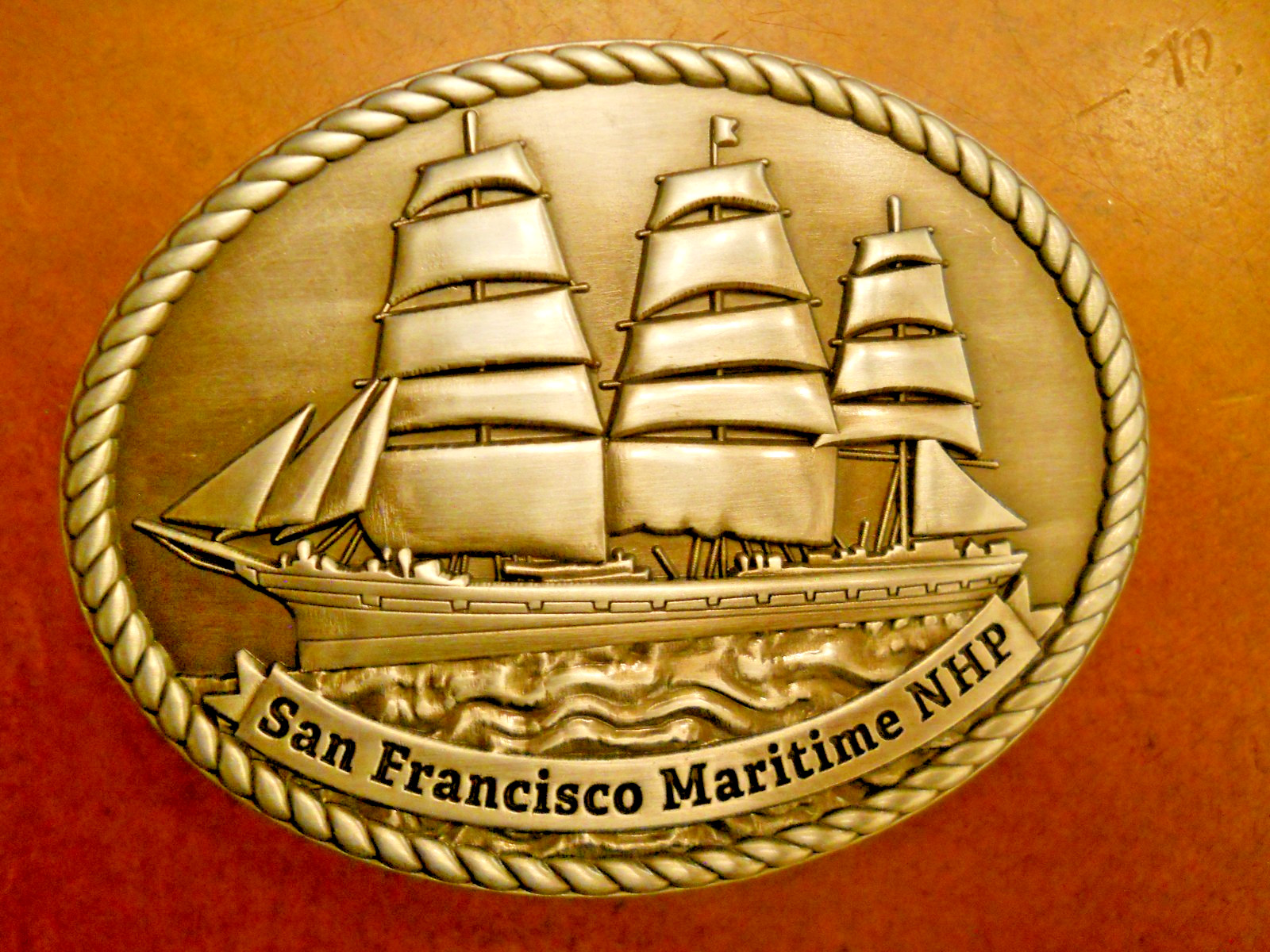 SAILING SHIP, SAN FRANCISCO MARITIME NHP BUCKLE 3&Prime; SILVER BUCKLE (NEW)