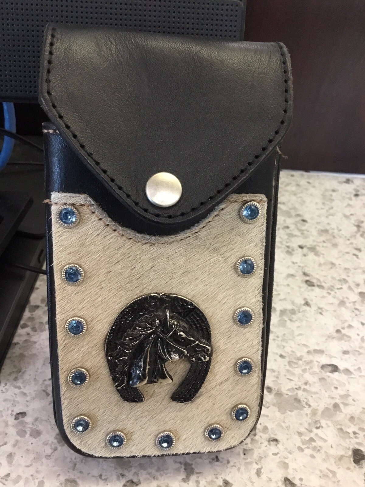 Leather Belt Attachment WESTERN COWHIDE HORSE HORSESHOE BLUE STONES-NICE!!