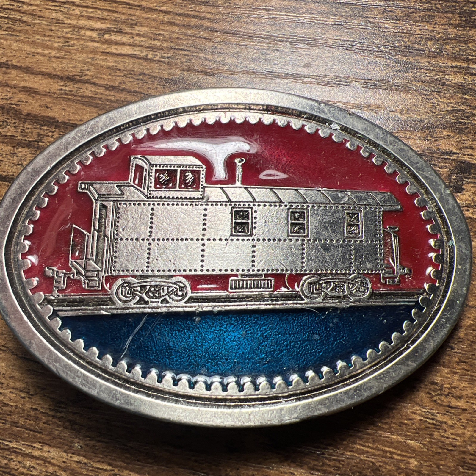 Vintage Belt Buckle Train Railroad Caboose American Red Metal Oval Engraved 2264