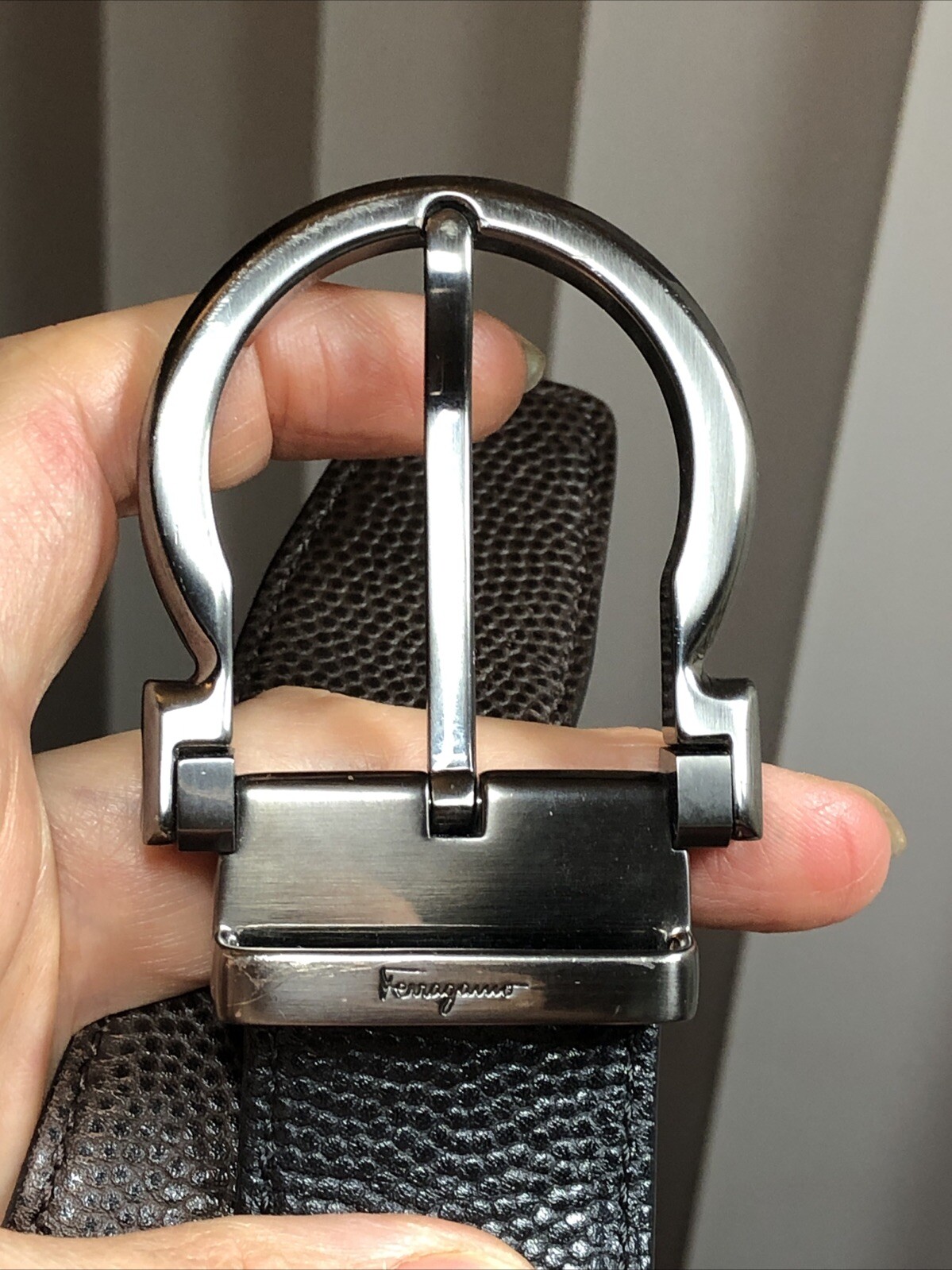 Salvatore Ferragamo Gun Metal tone Buckle black Brown leather removable belt