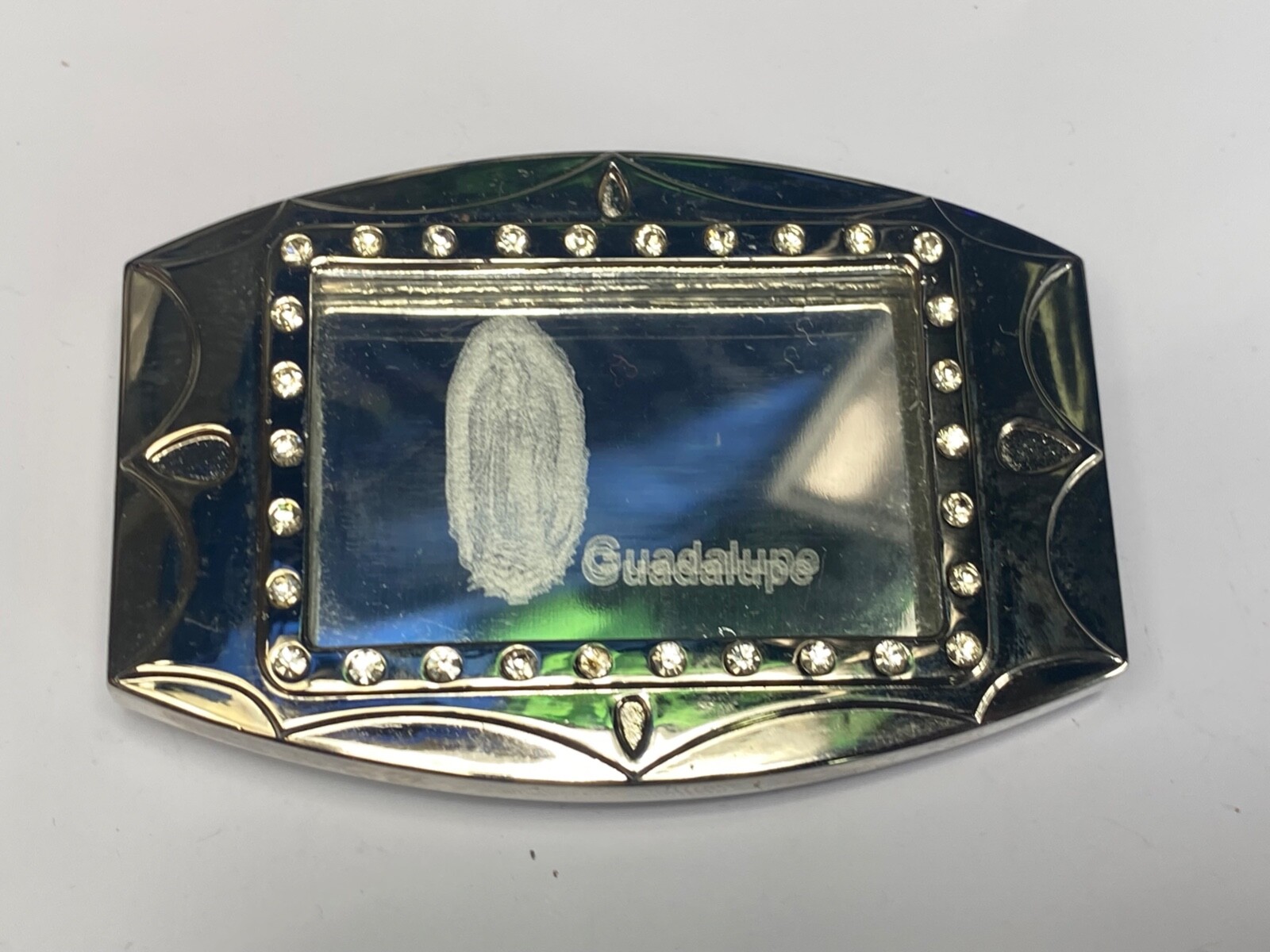 Unique Mirrored Guadalupe With Rhinestones Silver Color Hologram Belt Buckle