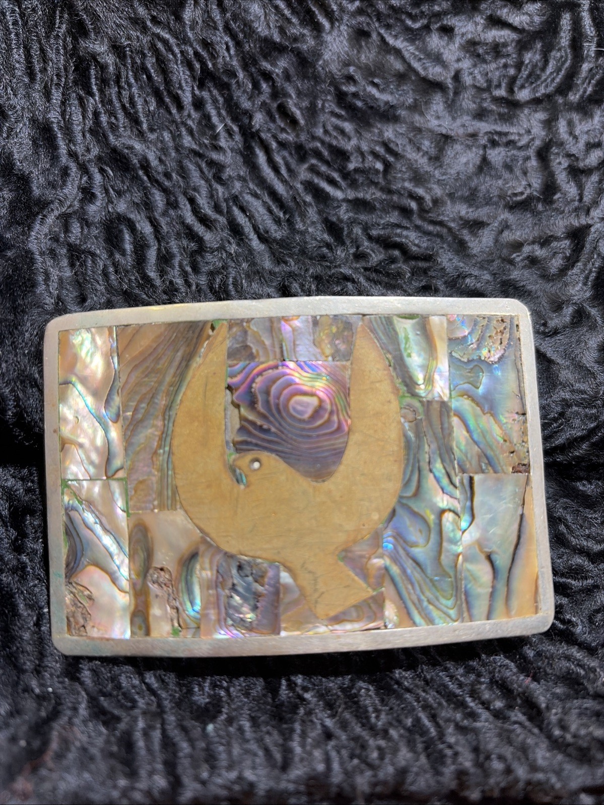 VINTAGE Belt Buckle Abalone/Brass/Silver Peace Dove ALPACA Mexico~ 3.5” X 2.5”
