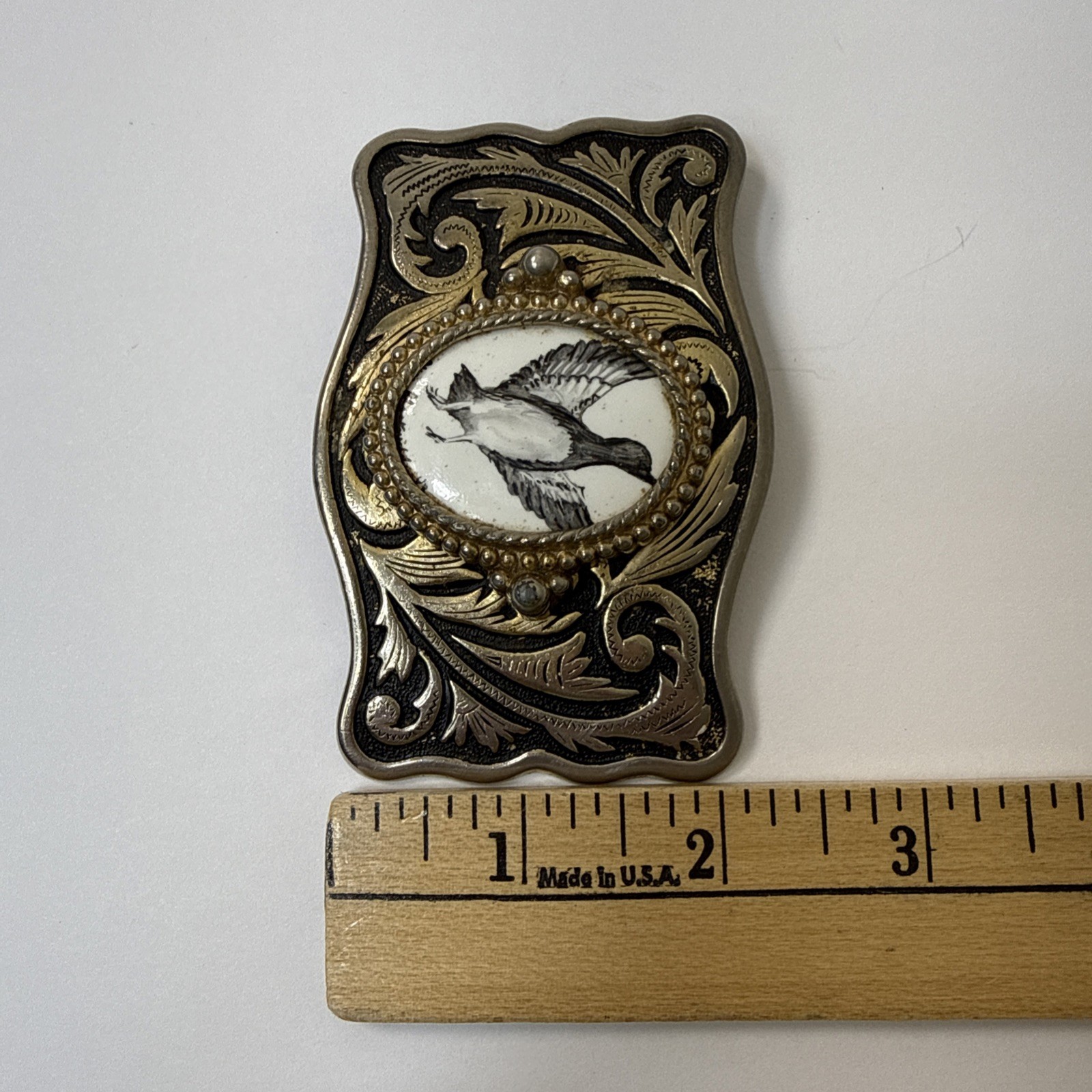 Vintage Canadian Goose In Flight Raised Belt Buckle Silver And Gold Toned Metal