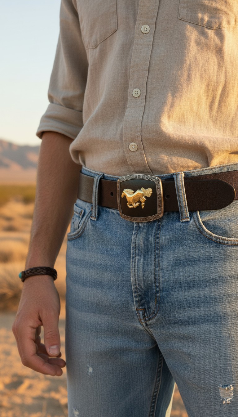 Men Women Western Belt Buckle Silver Metal Square Gold Rodeo Horse Black Fabric